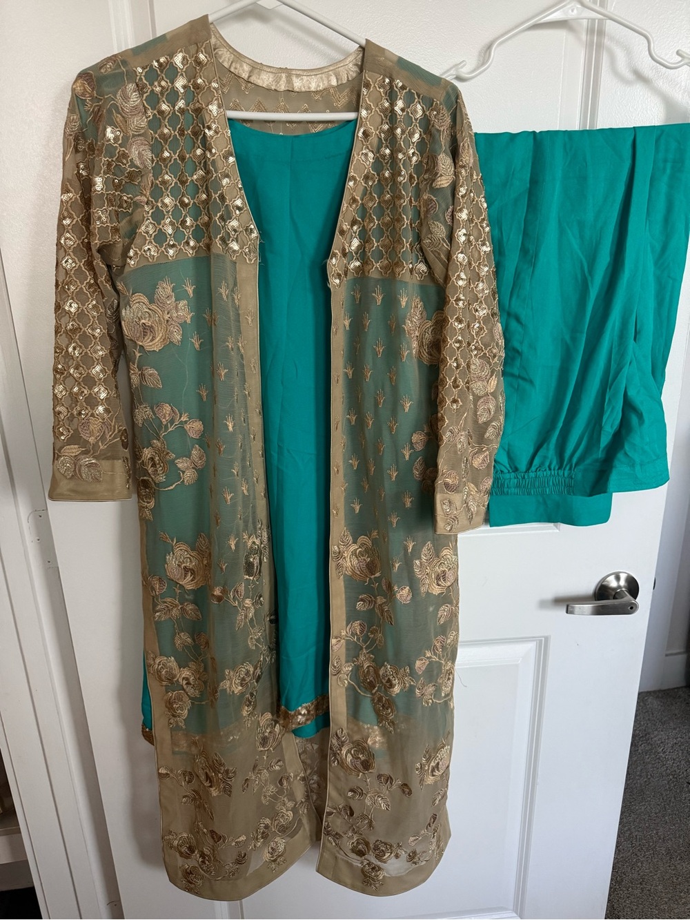 Embroidered Sheer Gold Overlay with Teal Dress